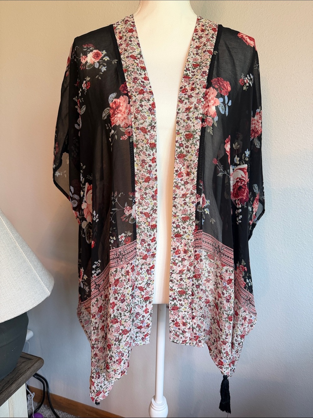 Xhilaration Black Floral Sheer Open Kimono with Pink Accents